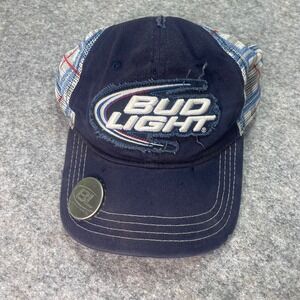 Bud Light Beer Distressed Trucker Hat Bottle Opener Plaid Back